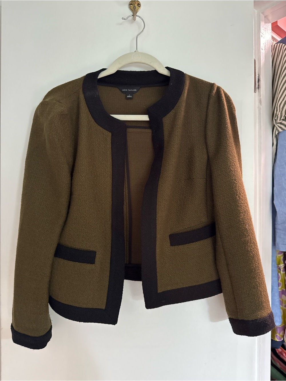 Ann Taylor Olive Jacket with Black Contrast Trim